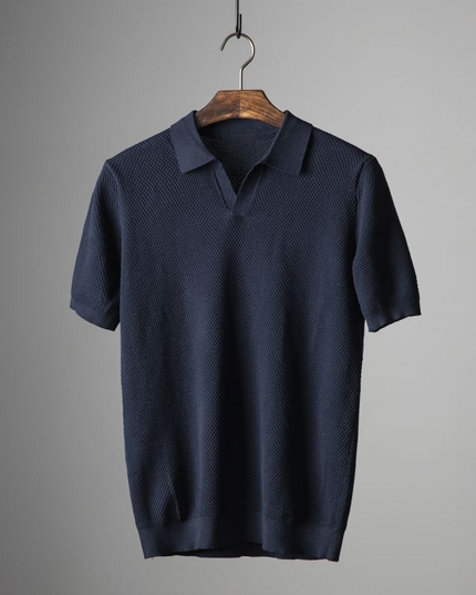 Navy blue textured short sleeve polo shirt with ribbed trim