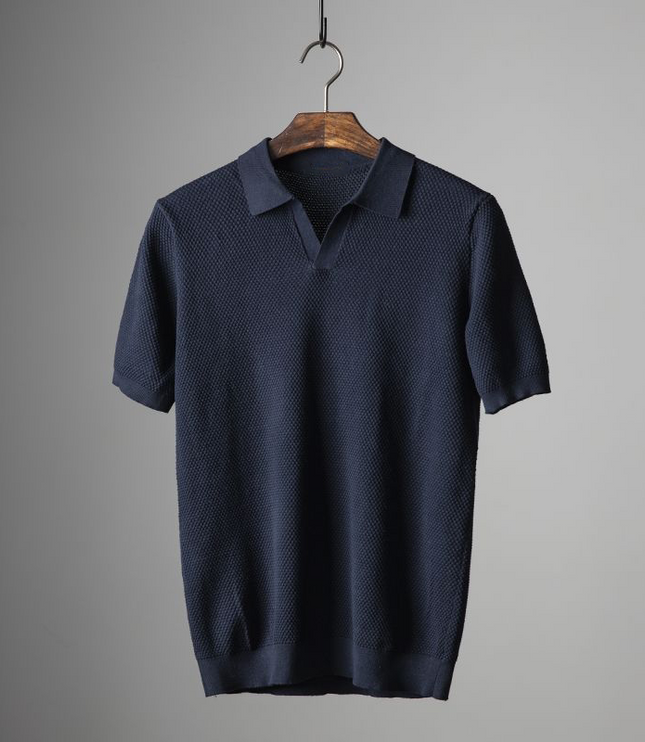 Navy blue textured short sleeve polo shirt with ribbed trim