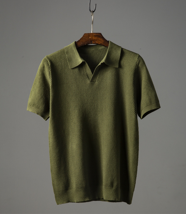 Olive green textured short sleeve polo shirt with ribbed collar