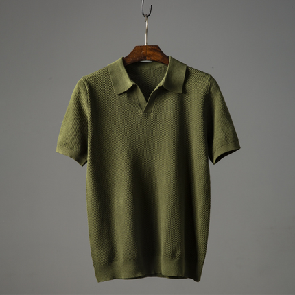 Olive green textured short sleeve polo shirt with ribbed collar