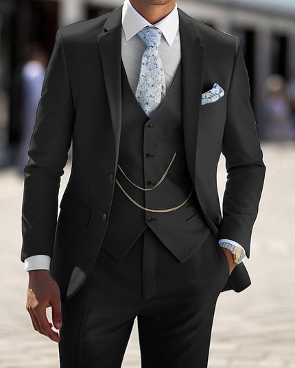 Black formal three piece suit with notch lapel jacket, waistcoat and decorative chain accent
