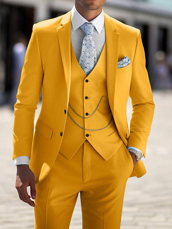 Golden yellow formal three piece suit with single breasted jacket, matching vest and chain detail
