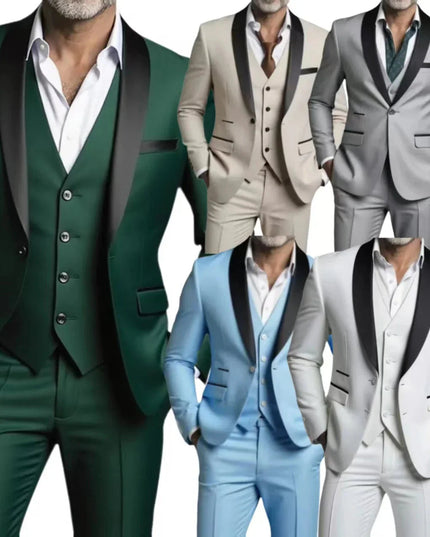 Multiple color formal suits displayed: green, cream, gray, blue, and white three piece sets