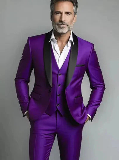 Purple three piece single breasted formal suit with black lapel and vest