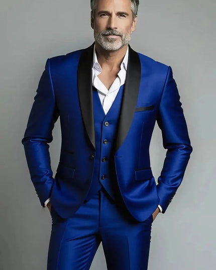 Royal blue three piece formal suit with black shawl lapel and vest