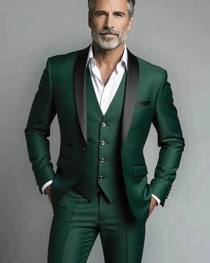 Emerald green three piece formal suit with black lapel and matching vest