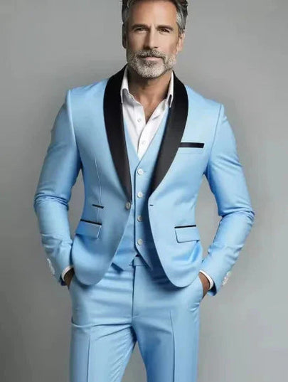 Light blue three piece formal suit with black lapel and vest