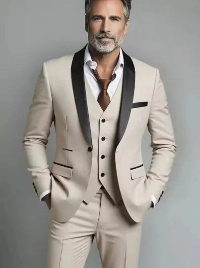 Cream three piece formal suit with black shawl lapel and vest
