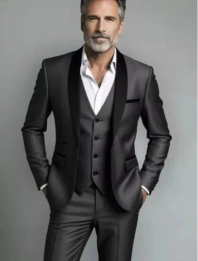 Black three piece formal suit with single breasted jacket and vest