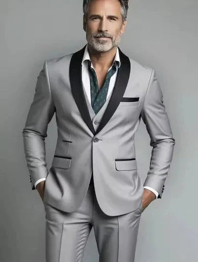 Silver gray three piece formal suit with black lapel and matching vest
