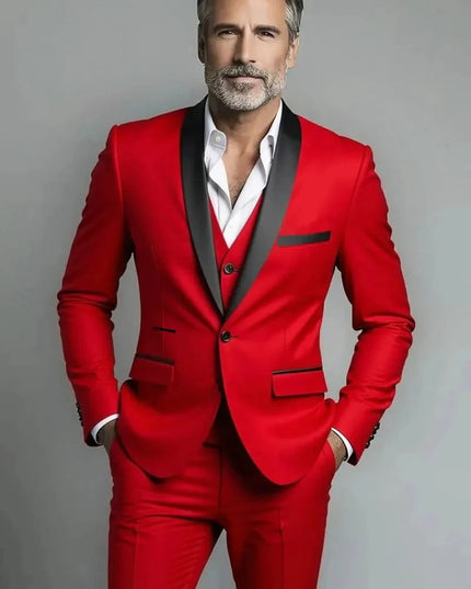 Red three piece formal suit with black shawl lapel and vest
