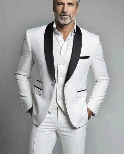 White three piece formal suit with black shawl lapel and matching vest