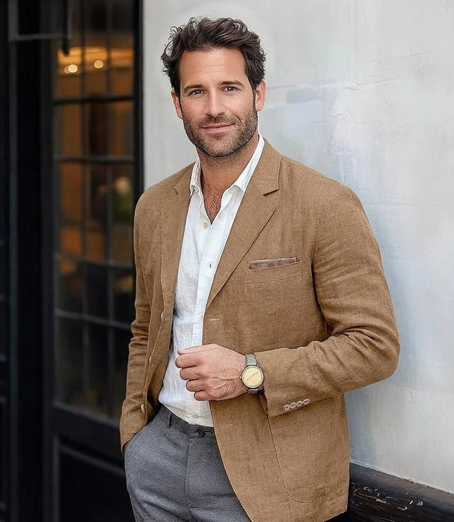 Men's Lightweight Linen Unstructured Blazer Jacket - Brown