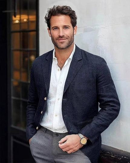 Men's Lightweight Linen Unstructured Blazer Jacket - Navy