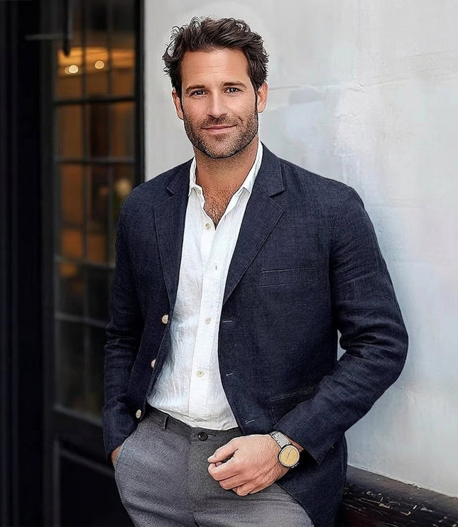 Men's Lightweight Linen Unstructured Blazer Jacket - Navy