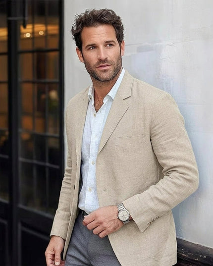 Men's Lightweight Linen Unstructured Blazer Jacket - Cream