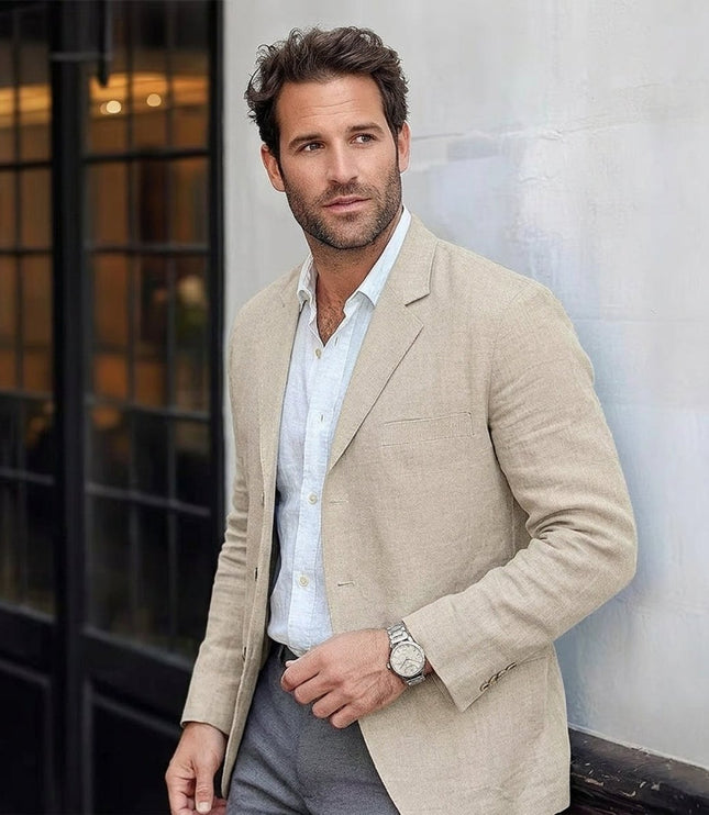 Men's Lightweight Linen Unstructured Blazer Jacket - Cream