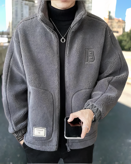 Men's Upright Collar Patch Pocket Teddy Coat