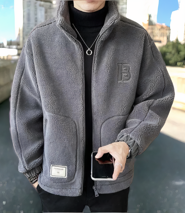 Men's Upright Collar Patch Pocket Teddy Coat