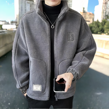 Men's Upright Collar Patch Pocket Teddy Coat