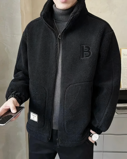 Men's Upright Collar Patch Pocket Teddy Coat