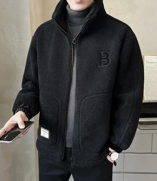 Men's Upright Collar Patch Pocket Teddy Coat