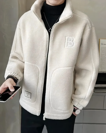 Men's Upright Collar Patch Pocket Teddy Coat