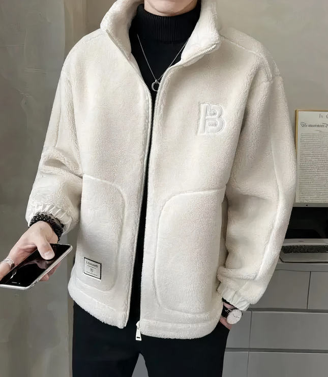 Men's Upright Collar Patch Pocket Teddy Coat