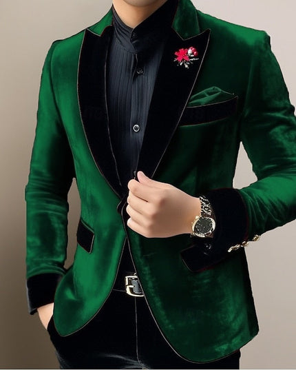 Emerald green velvet formal blazer with black contrast lapels