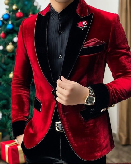 Red velvet formal blazer styled with black shirt and accessories