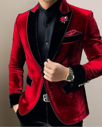 Red velvet single breasted blazer with black lapels and cuffs