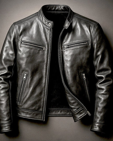 Men's Vintage Biker Leather Jacket Full-Zip Moto Style - Biker Black