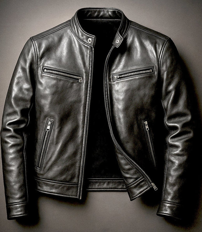 Men's Vintage Biker Leather Jacket Full-Zip Moto Style - Biker Black