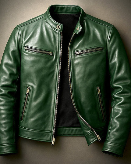 Men's Vintage Biker Leather Jacket Full-Zip Moto Style - Forest Green