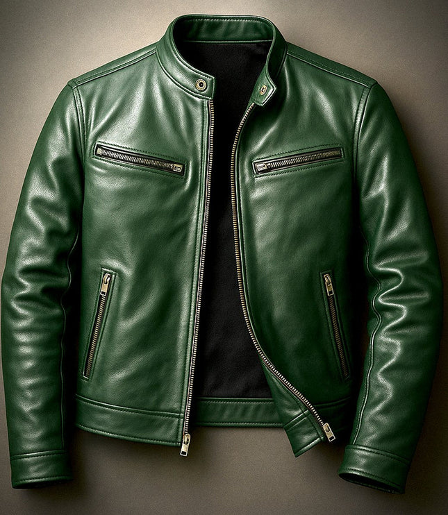 Men's Vintage Biker Leather Jacket Full-Zip Moto Style - Forest Green