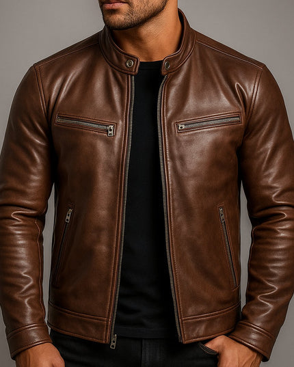Men's Vintage Biker Leather Jacket Full-Zip Moto Style