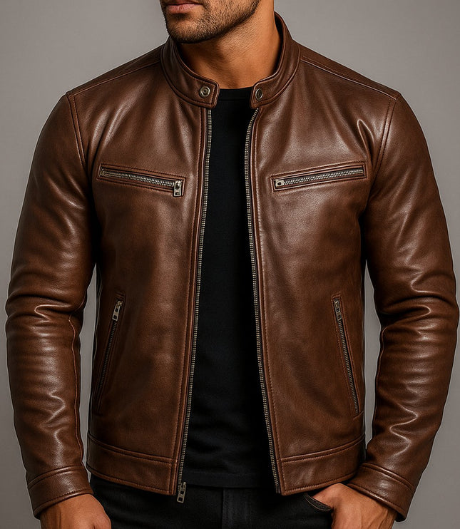 Men's Vintage Biker Leather Jacket Full-Zip Moto Style