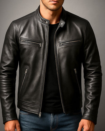 Men's Vintage Biker Leather Jacket Full-Zip Moto Style