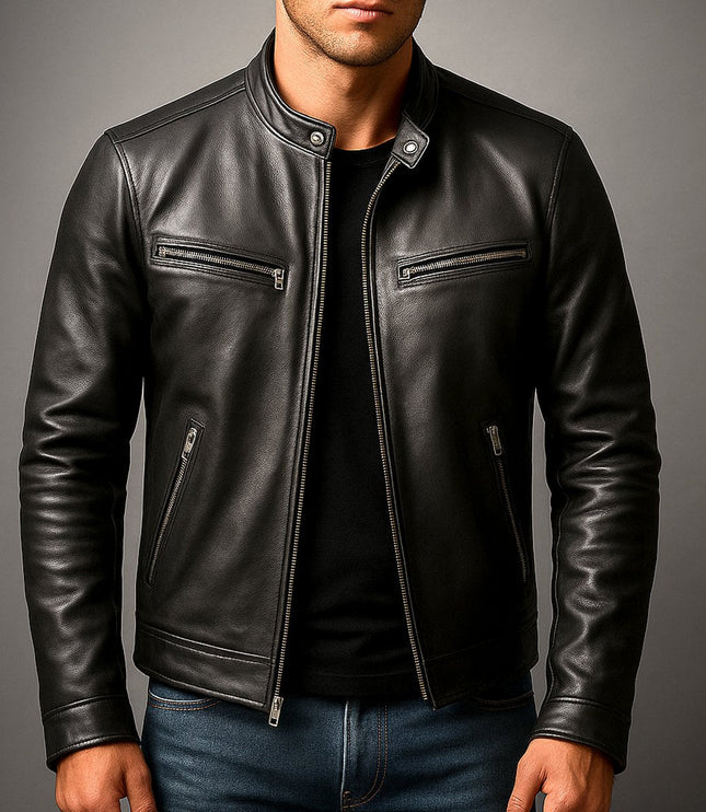 Men's Vintage Biker Leather Jacket Full-Zip Moto Style