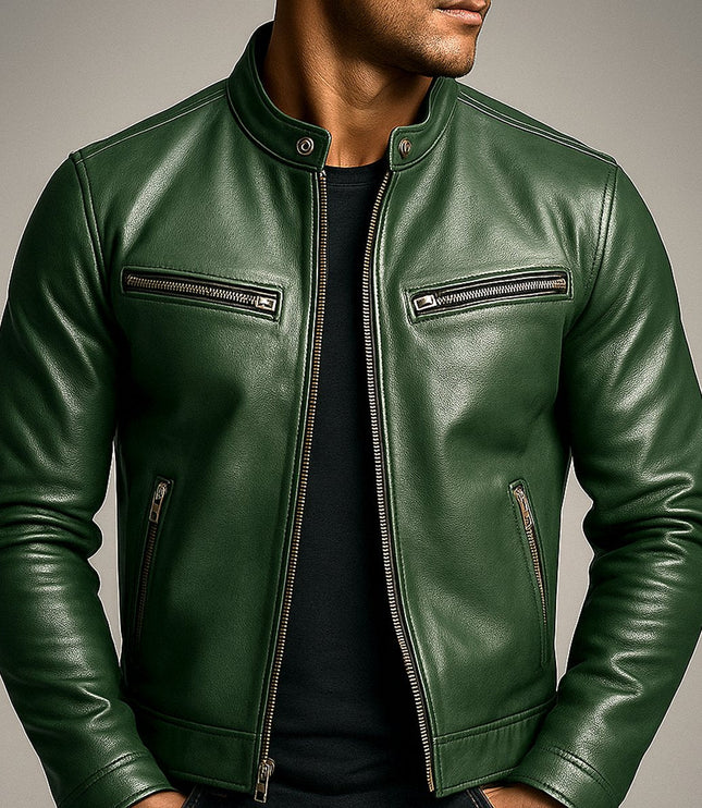 Men's Vintage Biker Leather Jacket Full-Zip Moto Style