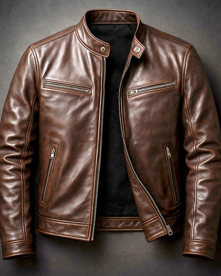 Men's Vintage Biker Leather Jacket Full-Zip Moto Style - Cigar Brown