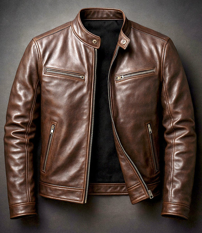 Men's Vintage Biker Leather Jacket Full-Zip Moto Style - Cigar Brown
