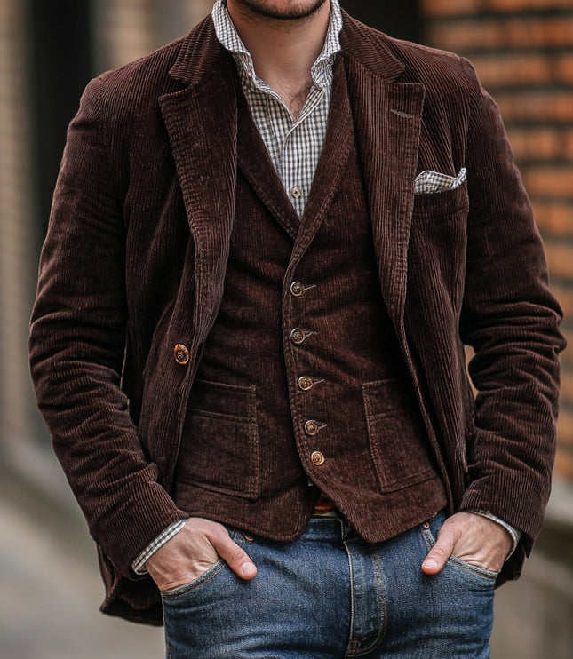Men's Vintage Corduroy Blazer Mens Gilet Vest Two-Piece Set - Brown