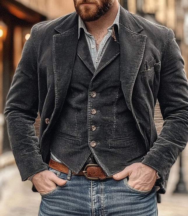 Men's Vintage Corduroy Blazer Mens Gilet Vest Two-Piece Set - Black