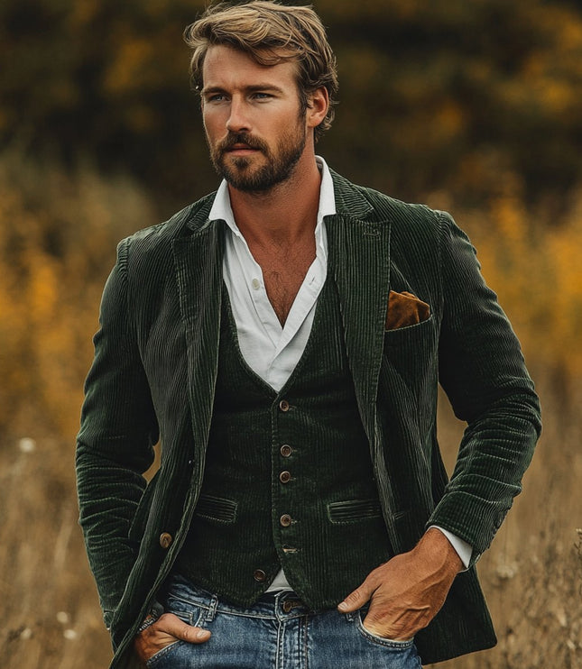 Men's Vintage Corduroy Blazer Mens Gilet Vest Two-Piece Set - Green