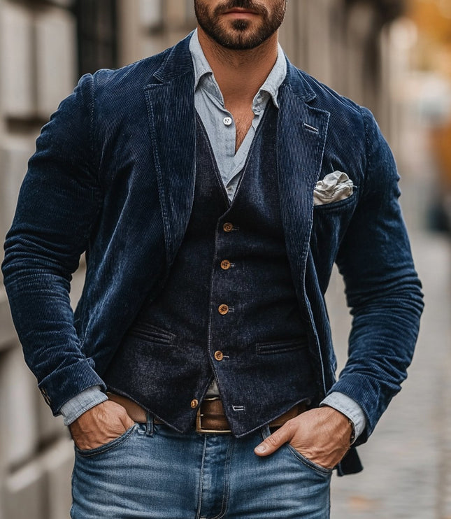 Men's Vintage Corduroy Blazer Mens Gilet Vest Two-Piece Set - Navy Blue