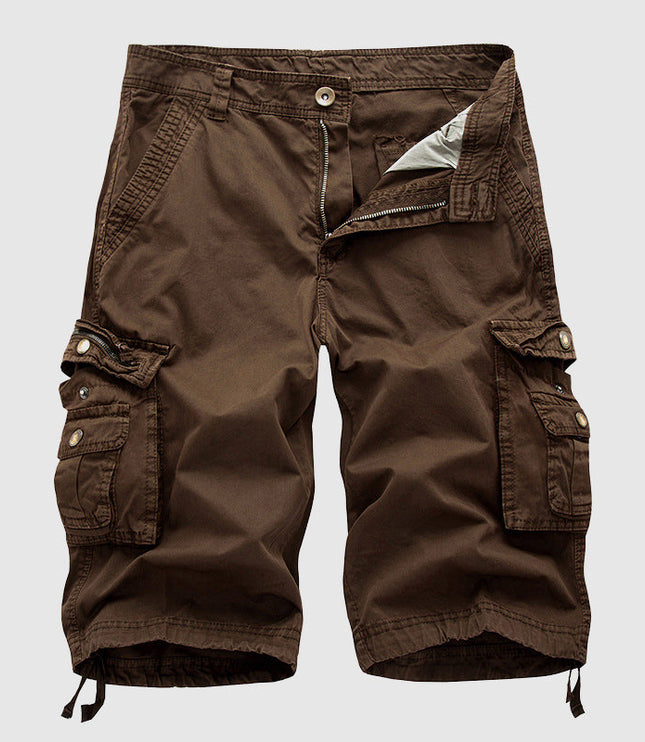 Brown vintage cargo shorts with large side pockets and drawstring cuffs