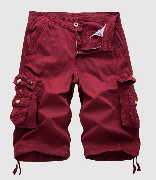 Burgundy cargo shorts with button-flap side pockets and tapered leg cuffs