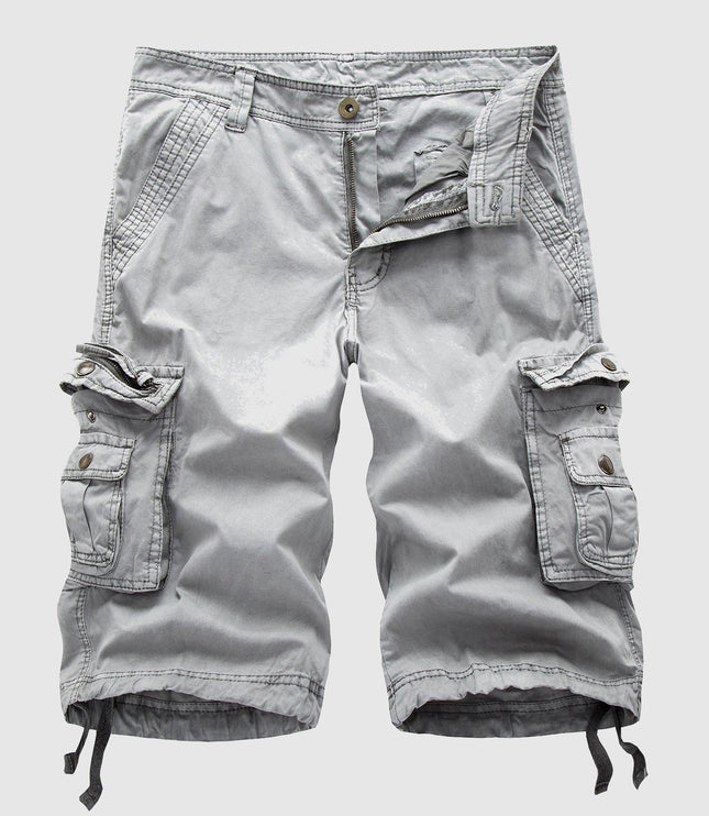 Light gray cargo shorts with button-flap pockets and drawstring ankles