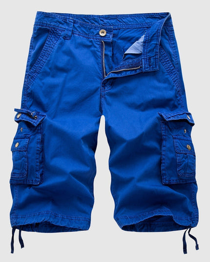 Royal blue cargo shorts with reinforced side pockets and rolled cuffs